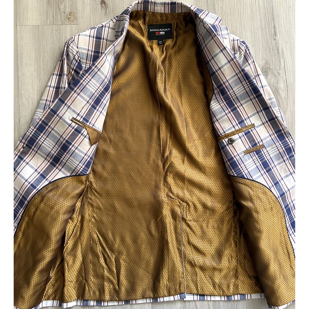 Banana Republic Mad Men Collection Suit Coat/Jacket Blues/Beige Multi Plaid 40S - Picture 4 of 9